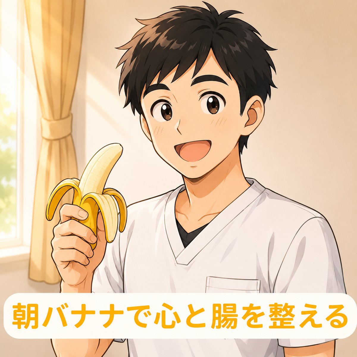 朝バナナで心と腸を整える ─ バナナを手にほほえむ整体師のイラスト