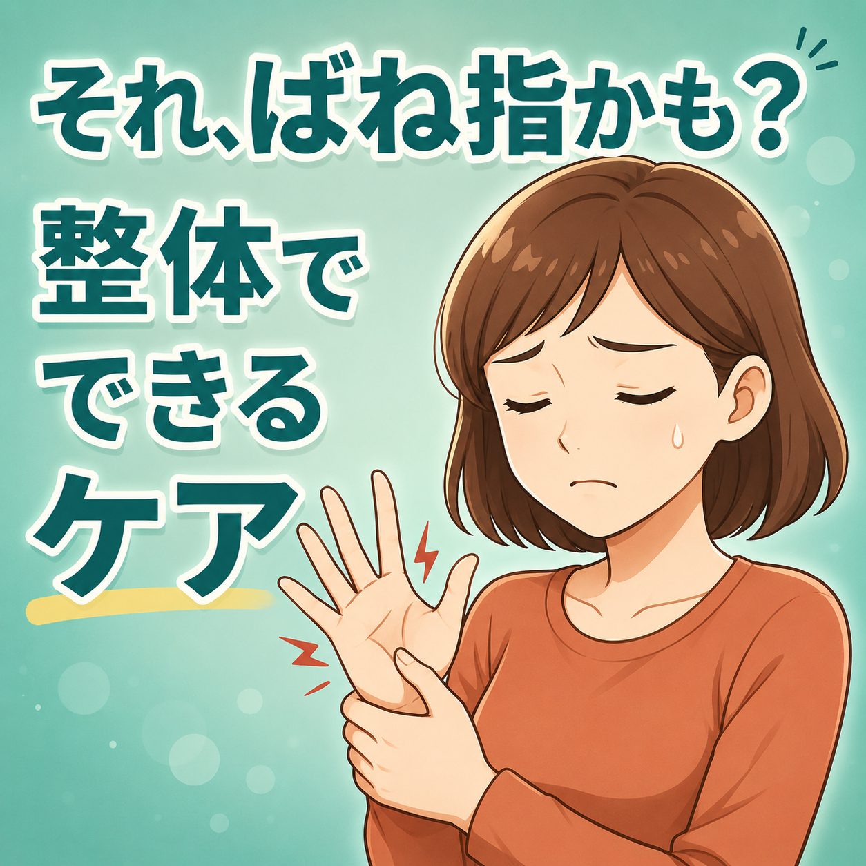 それ、ばね指かも？整体でできるケア（手のひらの違和感に気づく女性のイラスト）