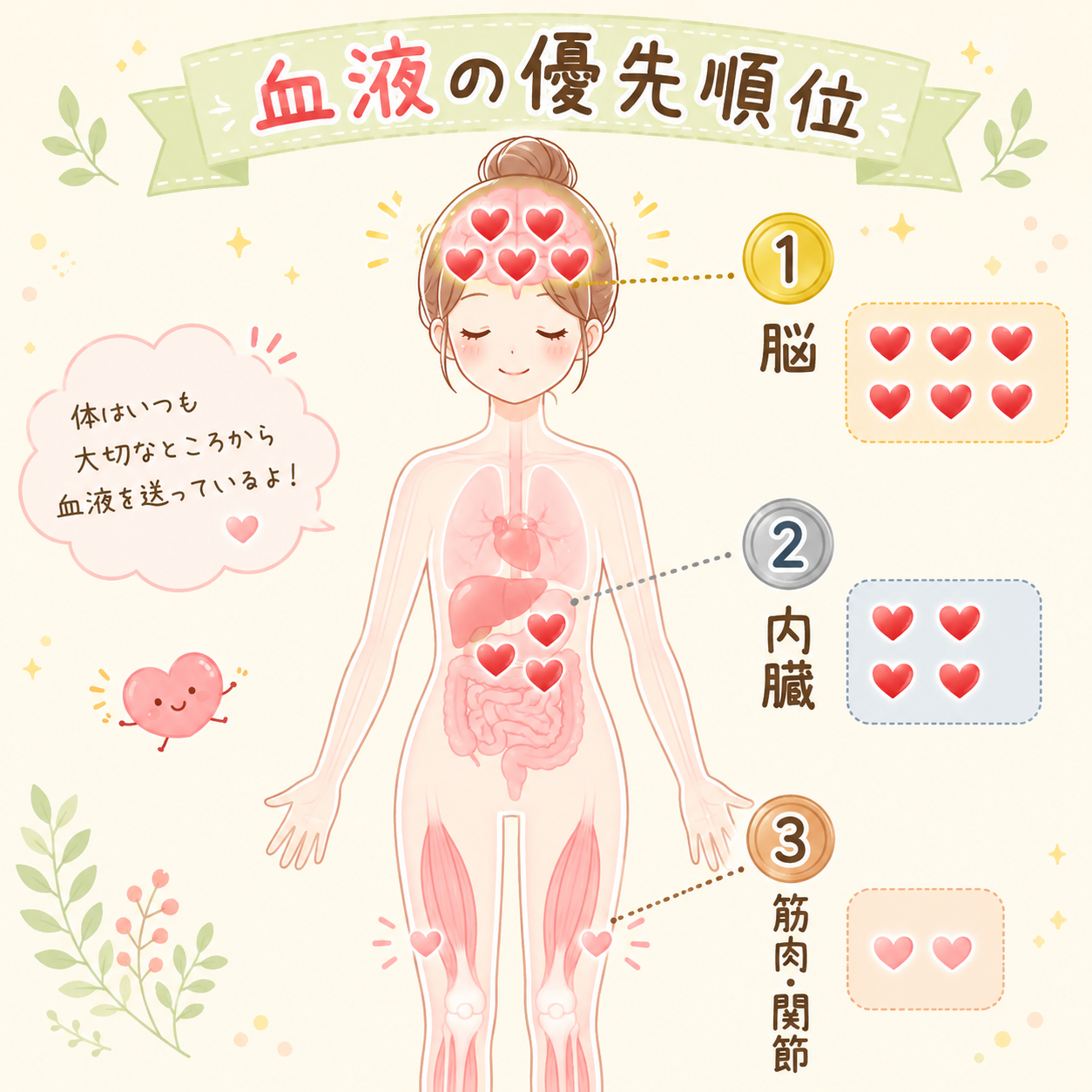 血液の優先順位 ─ ①脳 ＞ ②内臓 ＞ ③筋肉・関節 という配分のイメージ図