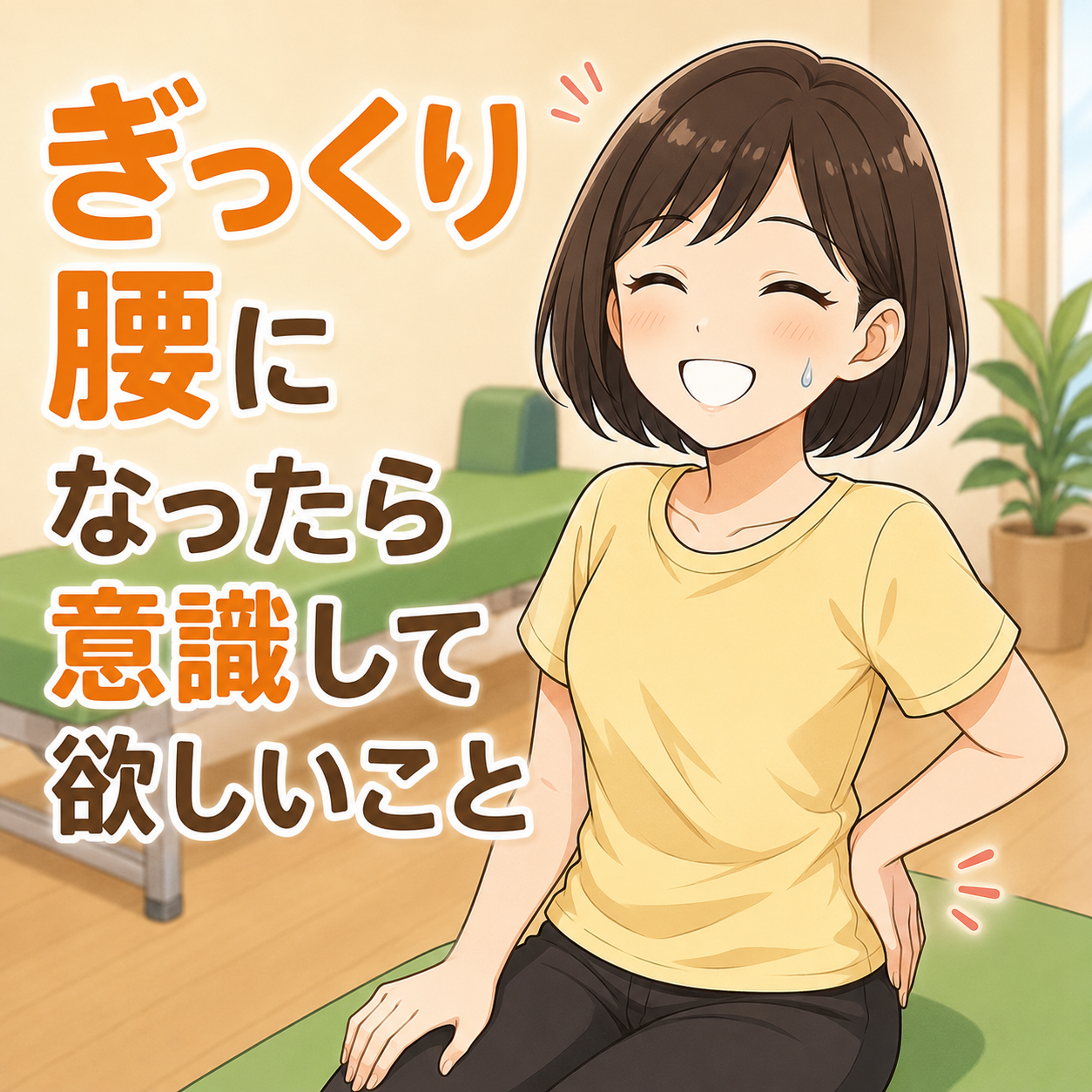 ぎっくり腰になったら意識して欲しいこと（腰をおさえる笑顔の女性のイラスト）