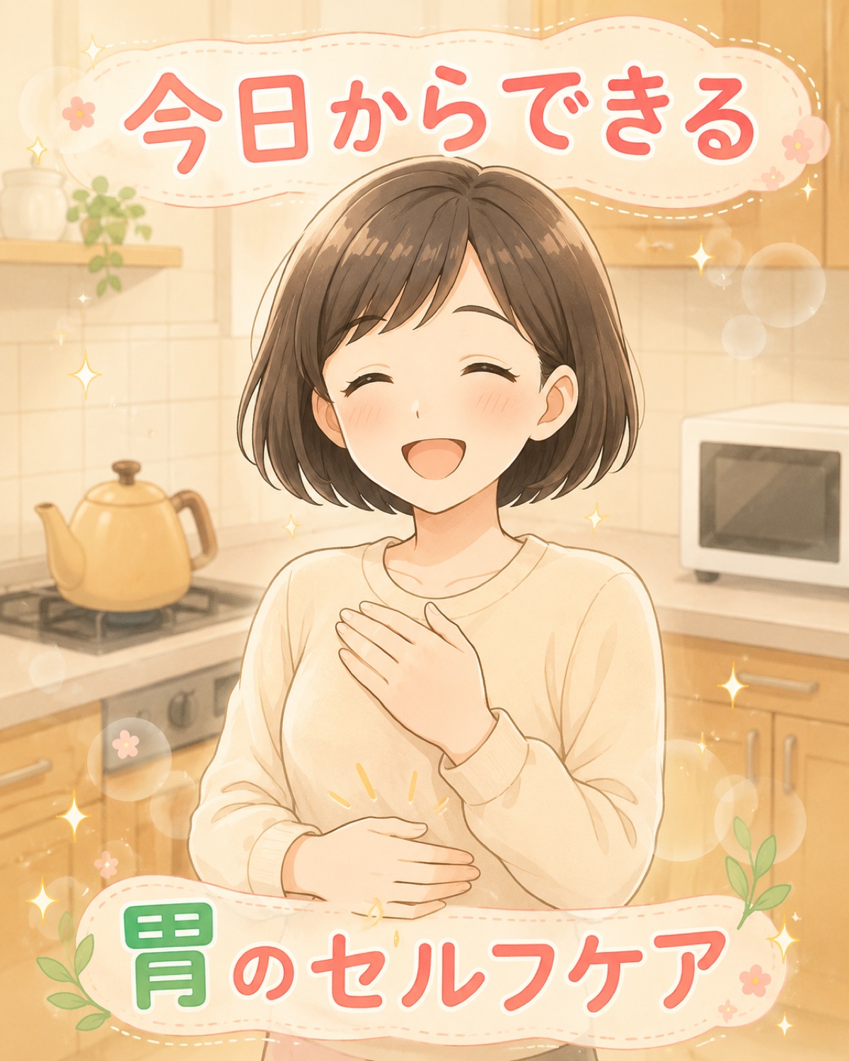 今日からできる胃のセルフケア（キッチンでお腹に手を当てて微笑む女性のイラスト）