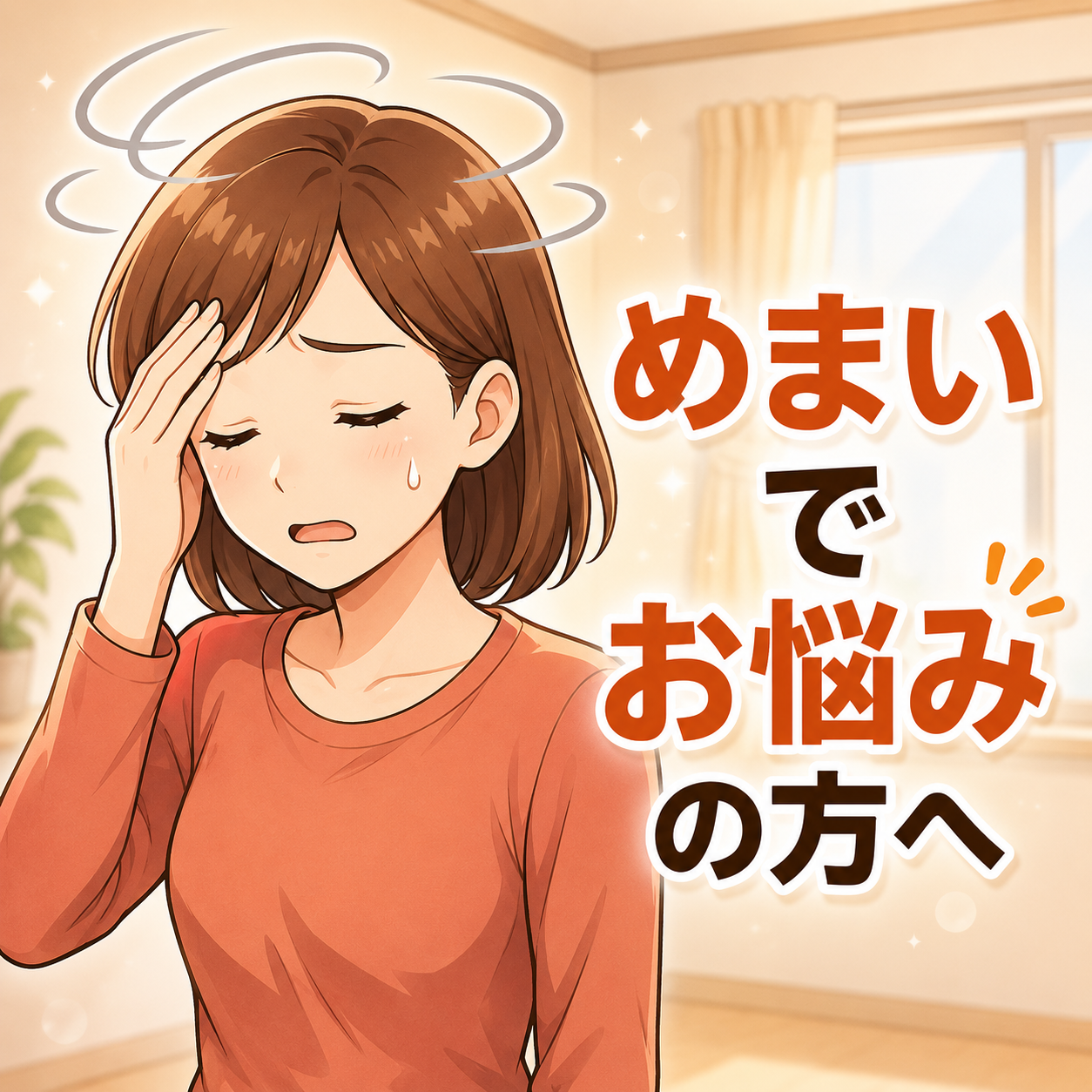 めまいでお悩みの方へ（頭を抱える女性のイラスト）