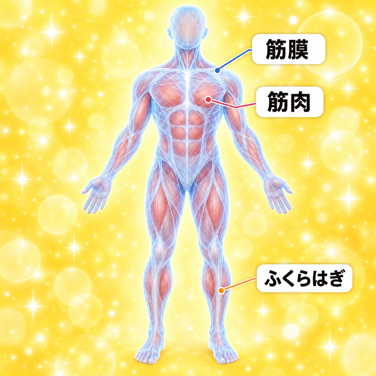 全身を包む筋膜（ボディースーツ）と筋肉、ふくらはぎの位置を示した図解