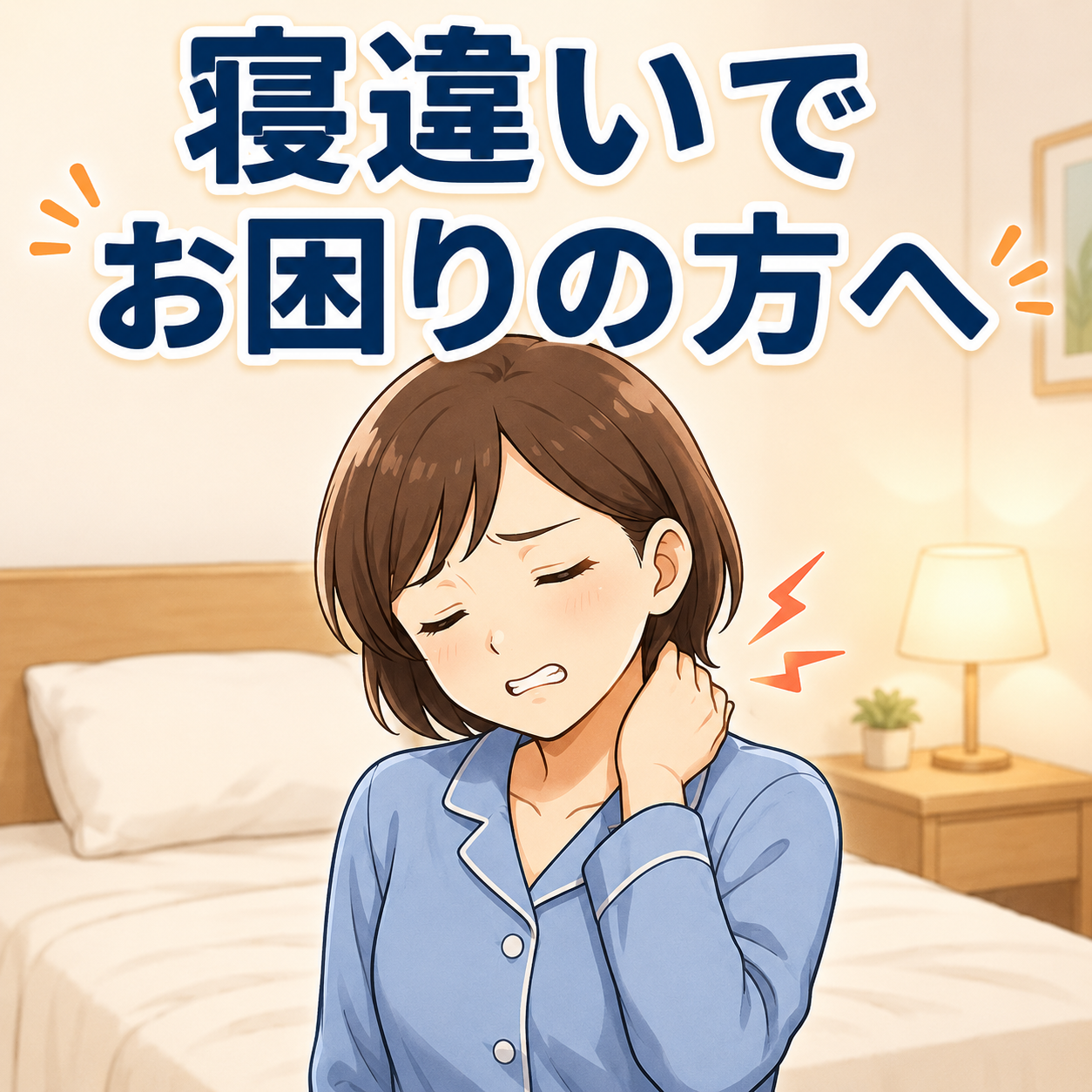 初夏に増える寝違えでお困りの方へ（朝起きて首をおさえる女性のイラスト）