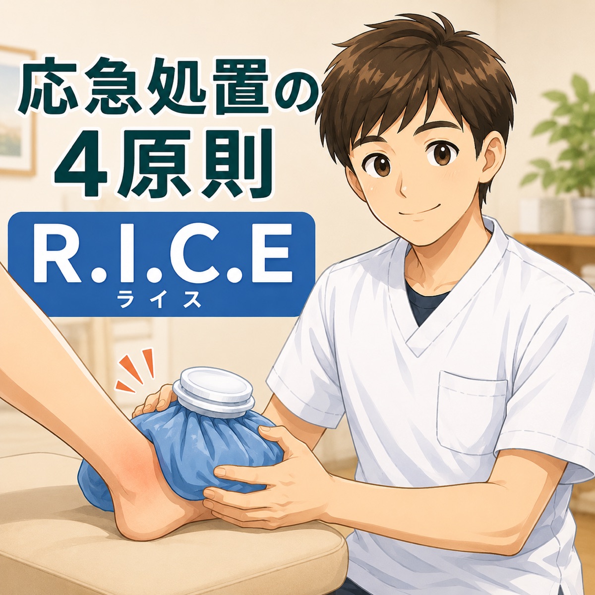 応急処置の4原則 R.I.C.E. ─ ライス ─ 整体師がアイシングをしている様子のイラスト