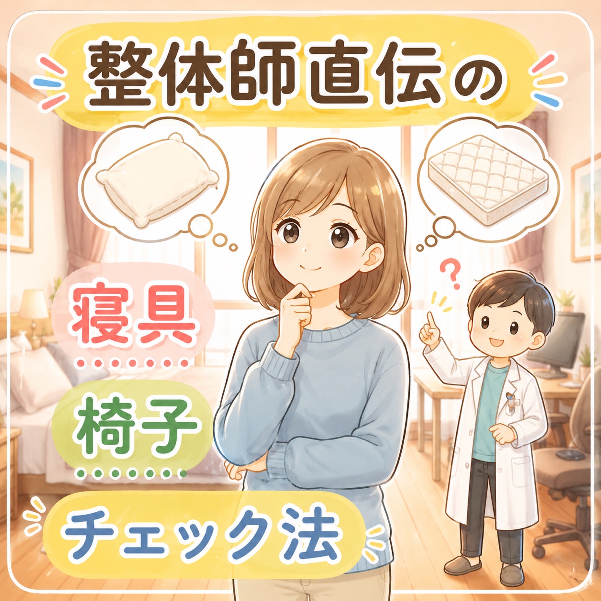 整体師直伝の寝具・椅子チェック法（女性が寝具と椅子について考えているイラスト）