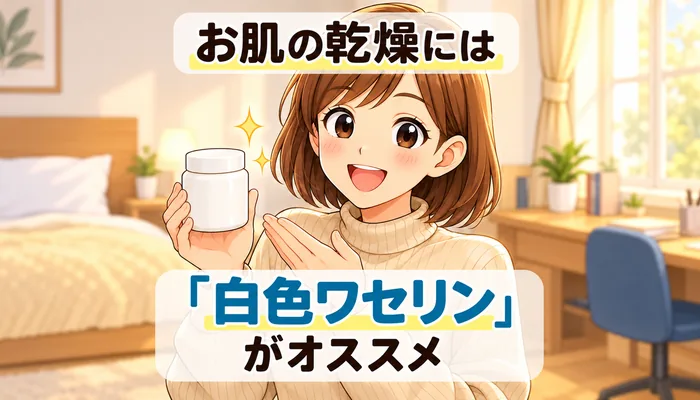 お肌の乾燥には「白色ワセリン」がオススメ ─ ワセリンの容器を持つ女性のイラスト