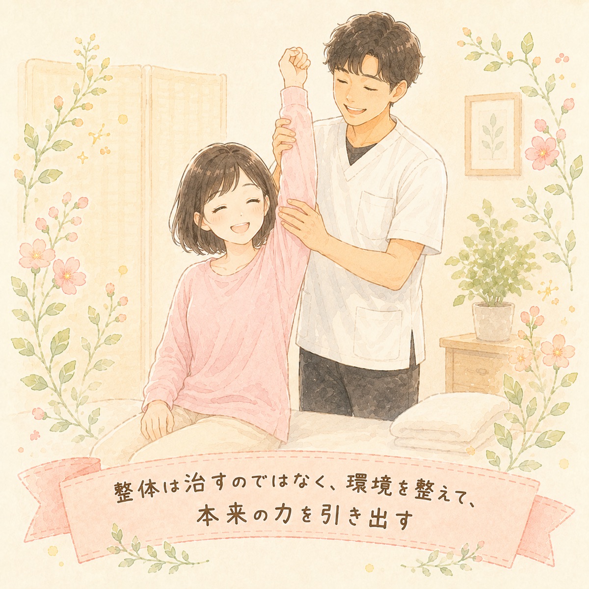 整体師の温かい手に包まれ、自然治癒力が戻ってくるイメージのイラスト
